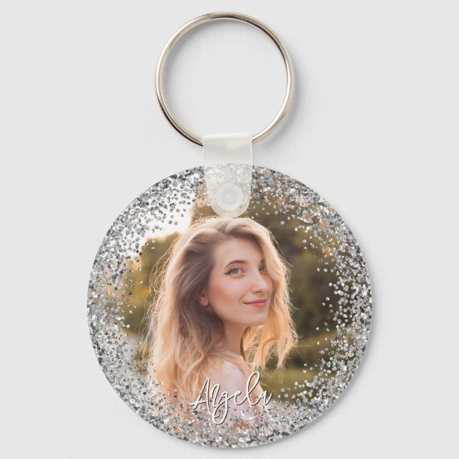Chaveiro Faux Silver Glitter Photo (Frente)