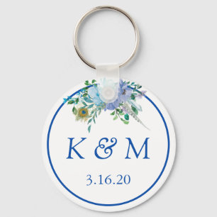 Chaveiro Favor de casamento com monograma floral azul safir