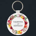 Chaveiro Favor Rustic Fall Floral Wedding<br><div class="desc">Flores brilhantes e coloridas criam uma bela e elegante coroa rústica. Rosas vermelhas borgonhetas e flores amarelas,  laranja e cor-de-rosa claras</div>