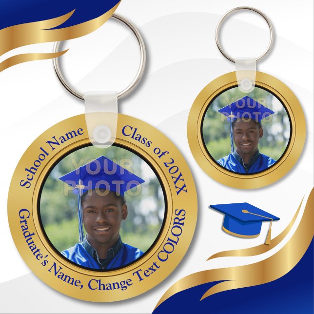 Chaveiro Favoritos de Festas de formatura personalizadas e  (Cheap graduation party favors personalized. Blue and Gold graduation party supplies. Grad Souvenirs.)