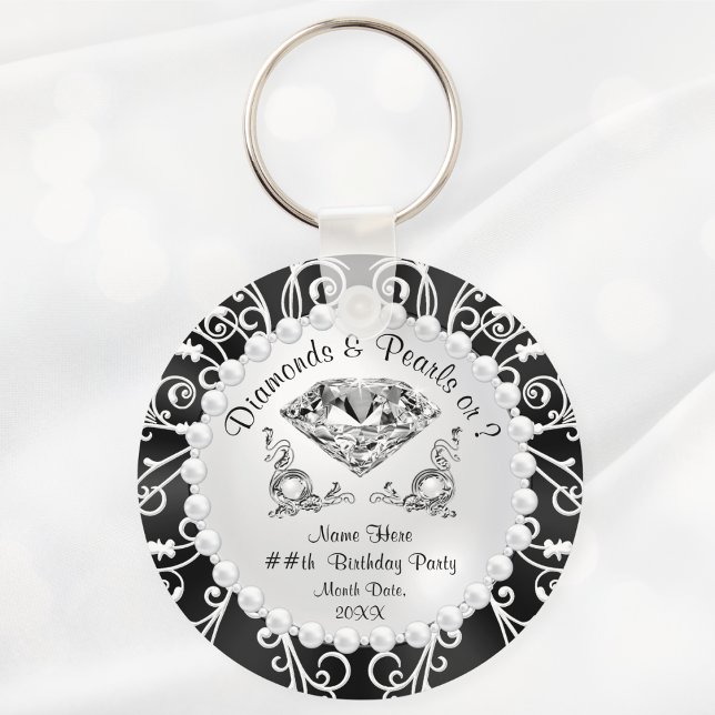 Chaveiro Favoritos para festas de Ouros e Pérolas Personali (Black and White, Diamonds and pearls birthday party ideas. 60th, 75th, 80th, 90th birthday Favors.)