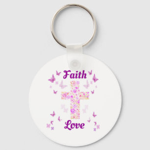 Chaveiro Fé e Amor Cruz de Rosas com Butterflie Rosa