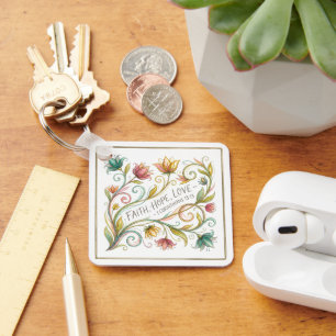Chaveiro Fé Esperança Amor floral personalizado