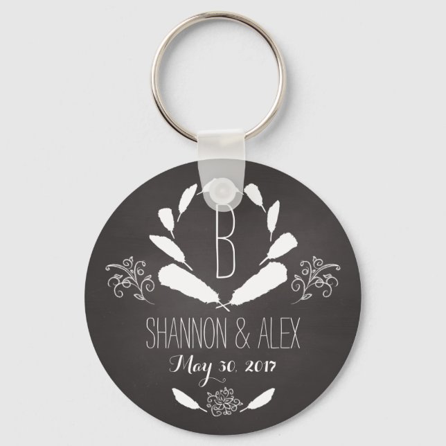 Chaveiro Feather Chalkboard Monograma Data de Casamento (Frente)