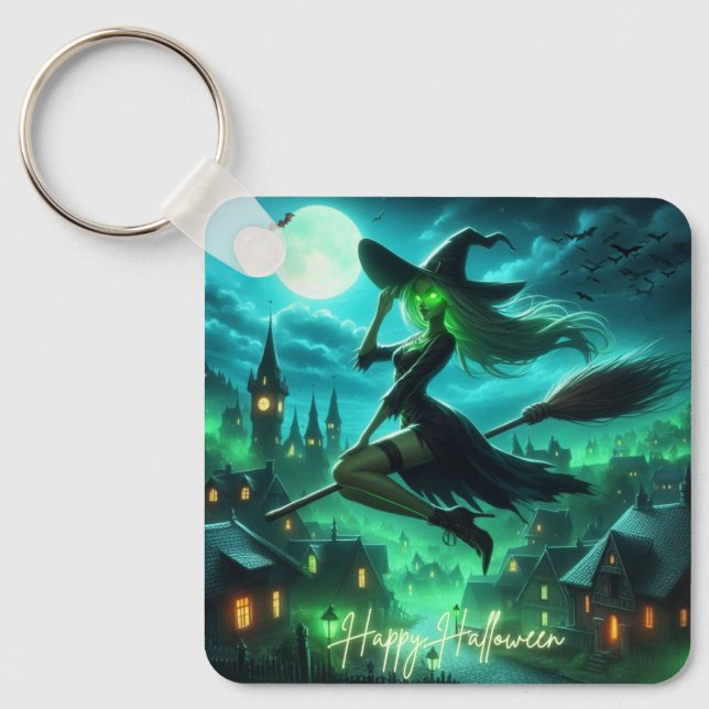 Chaveiro Feiticeira de Halloween verde-Spooky (Frente)