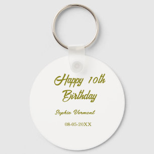 Chaveiro Feliz 10º aniversário nome data dourado simples mi