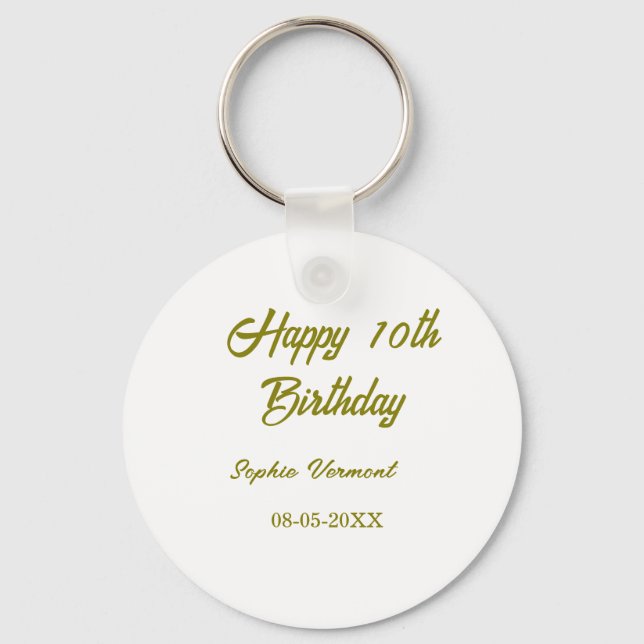 Chaveiro Feliz 10º aniversário nome data dourado simples mi (Frente)