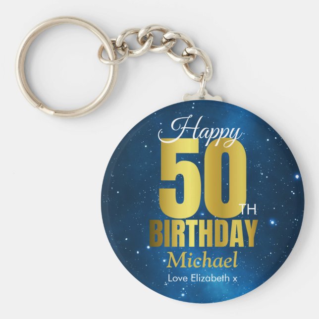 Chaveiro Feliz 50º aniversário Azul Dourado (Frente)