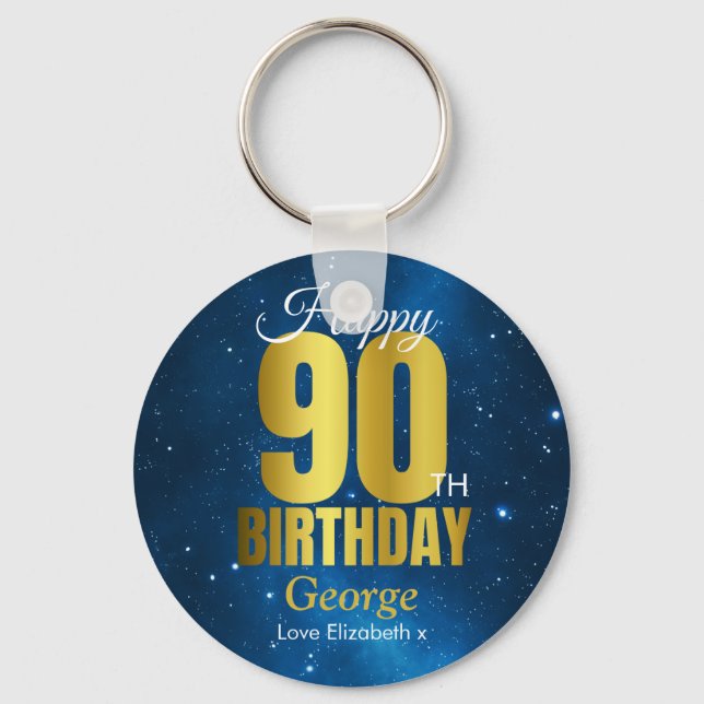 Chaveiro Feliz 90 Birthday Azul Dourado (Frente)