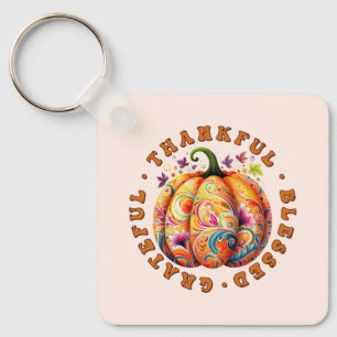 Chaveiro Feliz, Abençoado, Grata Pumpkin Floral