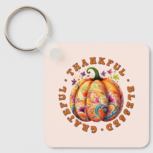 Chaveiro Feliz, Abençoado, Grata Pumpkin Floral (Frente)