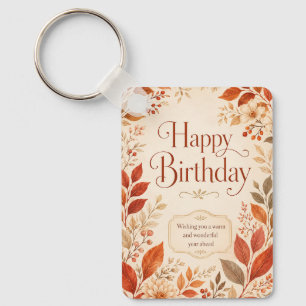 Chaveiro Feliz Aniversário Aquarela Botânica Outono Quente