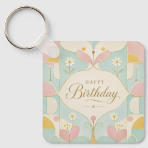 Chaveiro Feliz Aniversário Art Déco Floral Geométrico Paste