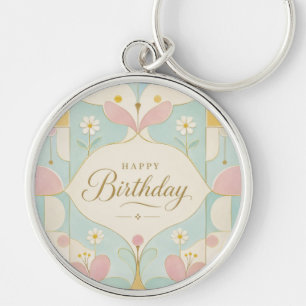 Chaveiro Feliz Aniversário Art Déco Floral Geométrico Paste