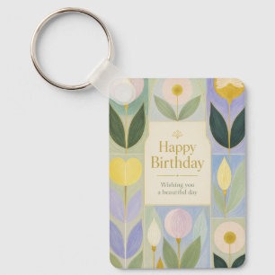 Chaveiro Feliz Aniversário Botânica Moderna Flores em Paste