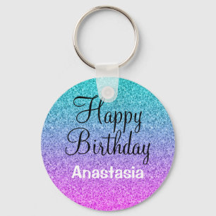 Chaveiro Feliz Aniversário Glam Glitter Rosa Azul Roxo Ombr