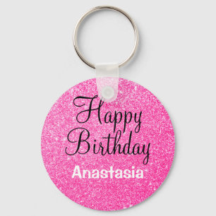Chaveiro Feliz Aniversário Glam Glitter Rosa Brilho Nome