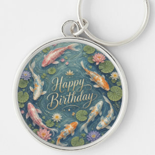 Chaveiro Feliz Aniversário Sereno Lago de Koi Lírio de Água