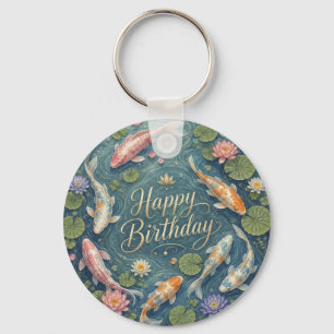 Chaveiro Feliz Aniversário Sereno Lago de Koi Lírio de Água