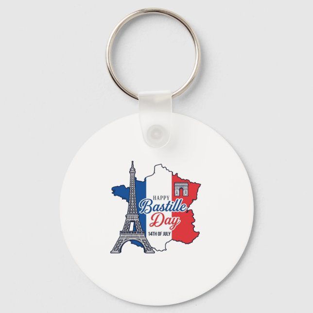 Chaveiro Feliz Dia da Bastilha França Mapa Torre Eiffel Vec (Frente)