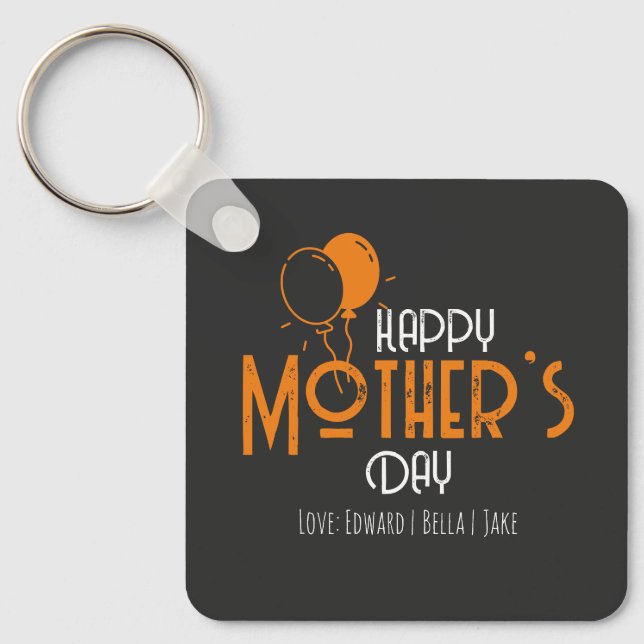Chaveiro Feliz Dia das Mães com Balões e Nomes Laranja (Frente)