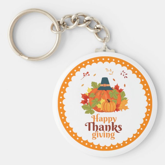 Chaveiro Feliz Dia de Ação de Graças Pumpkin com Chapéus e  (Frente)