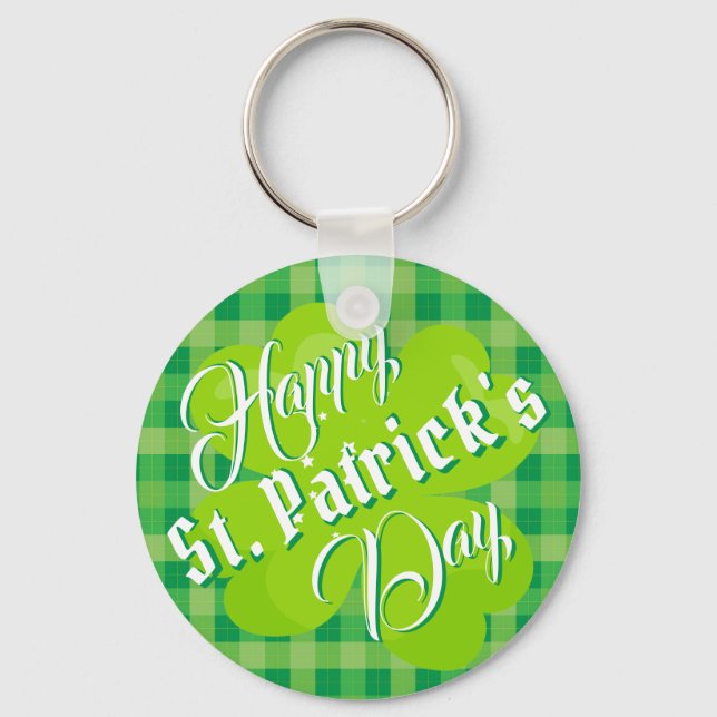 Chaveiro Feliz Dia de São Patrício Verde Tartan Trevo Sortu (Frente)