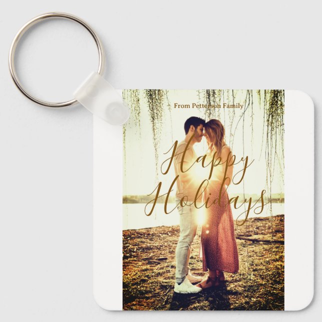 Chaveiro Feliz feriado marrom adicionar casal nome da foto  (Frente)