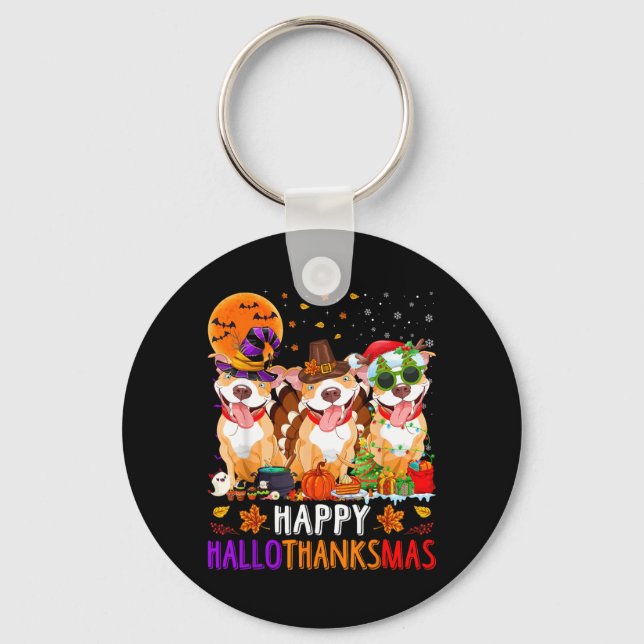Chaveiro Feliz Hallothanksmas Pitbull Cão Halloween (Frente)