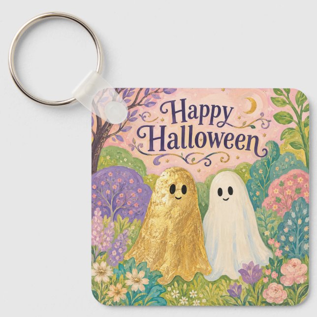 Chaveiro Feliz Halloween Jardim de Flores Fantasma Fofa (Frente)