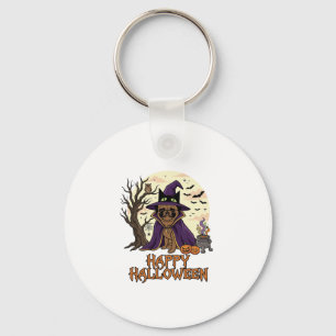 Chaveiro Feliz Halloween Pug Chapéu de Bruxa Caldeirão Abób