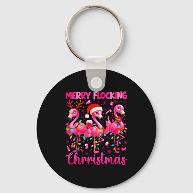 Chaveiro Feliz Natal com Flamingo Bebendo Pjs de Natal M (Frente)