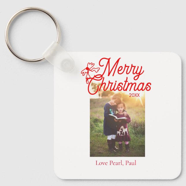 Chaveiro Feliz Natal crianças arcos vermelhas foto elegante (Frente)