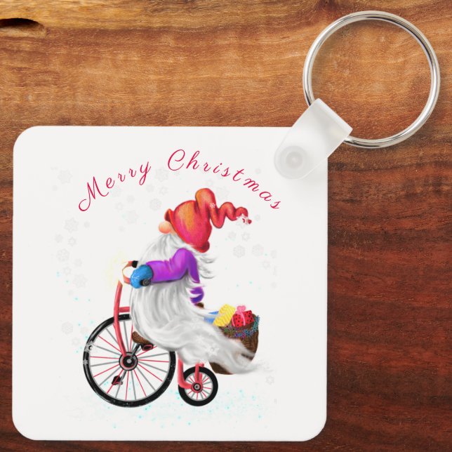 Chaveiro Feliz Natal - Gnomo Divertido com Bicicleta e Pres (Verso)