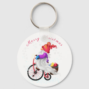 Chaveiro Feliz Natal - Gnomo Engraçado com Bicicleta e Pre