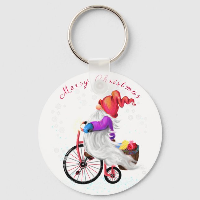 Chaveiro Feliz Natal - Gnomo Engraçado com Bicicleta e Pres (Frente)