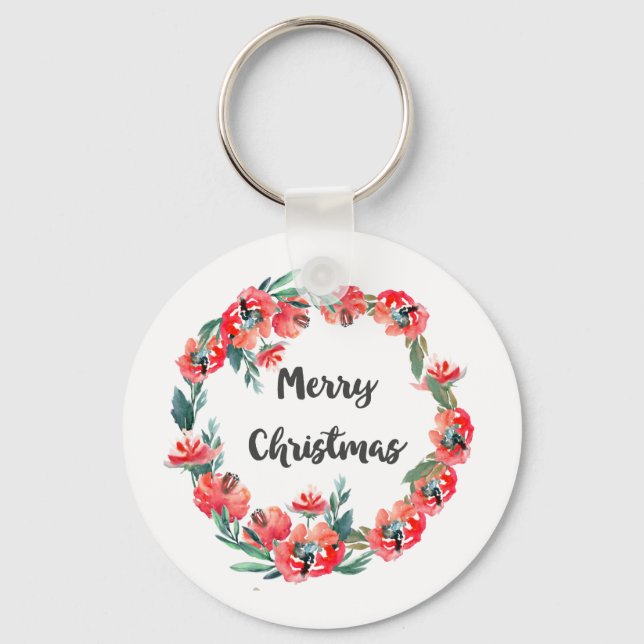 Chaveiro Feliz Natal Red Floral Watercolor Wreath (Frente)