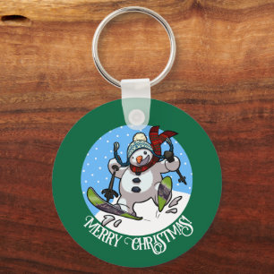 Chaveiro Feliz Natal! Texto Editável Esquiando Snowman