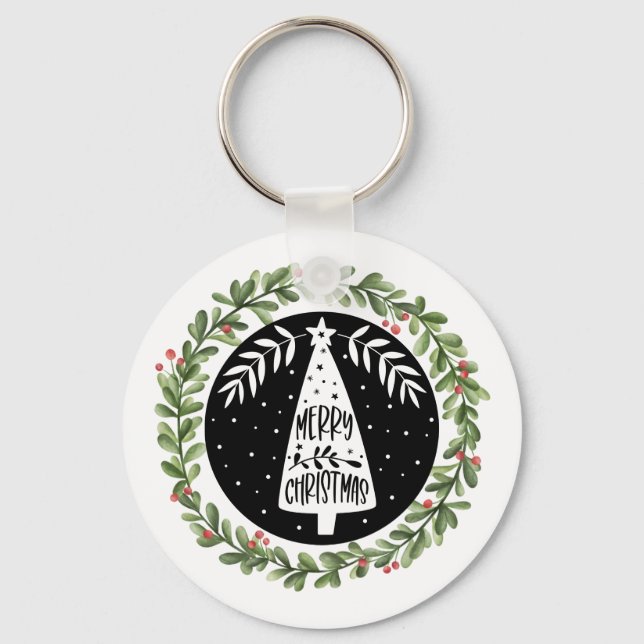 Chaveiro Feliz Natal Watercolor Wreath (Frente)