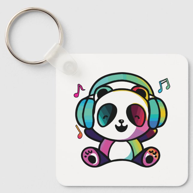 Chaveiro Feliz Panda com fones de ouvido ouvindo música. (Frente)
