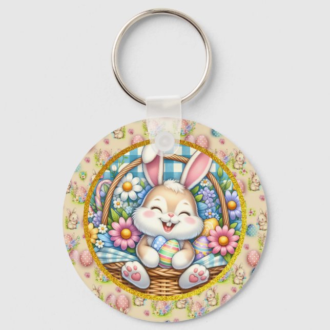 Chaveiro Feliz Páscoa Com Coelhinho Fofo, Ovos e Floral (Frente)