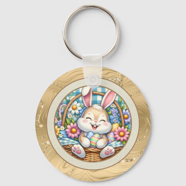 Chaveiro Feliz Páscoa Com Coelhinho Fofo, Ovos e Floral (Frente)