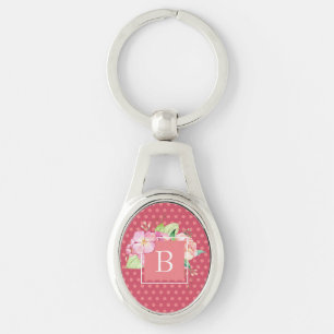Chaveiro Feminino Monogramado com Pontos Rosa e Floral Cora
