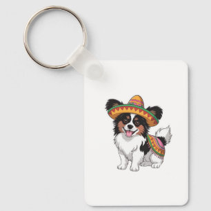 Chaveiro Fiesta Papillon Dog Vestindo Sombrero e Sarape
