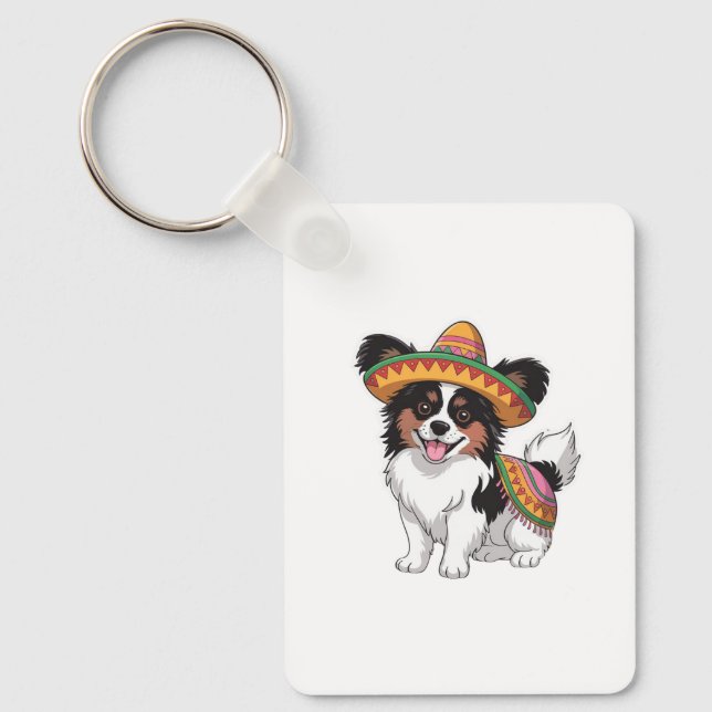 Chaveiro Fiesta Papillon Dog Vestindo Sombrero e Sarape (Frente)