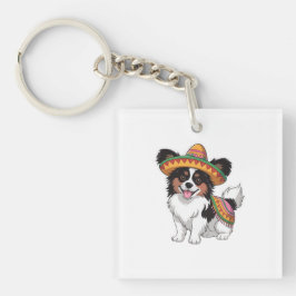 Chaveiro Fiesta Papillon Dog Vestindo Sombrero e Sarape