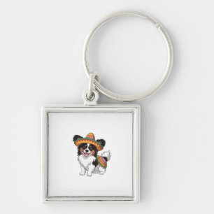 Chaveiro Fiesta Papillon Dog Vestindo Sombrero e Sarape