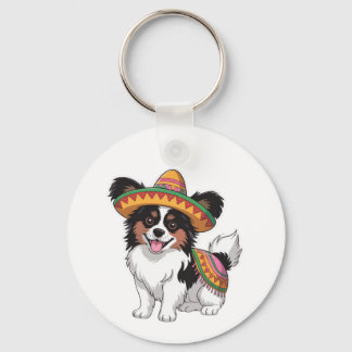 Chaveiro Fiesta Papillon Dog Vestindo Sombrero e Sarape