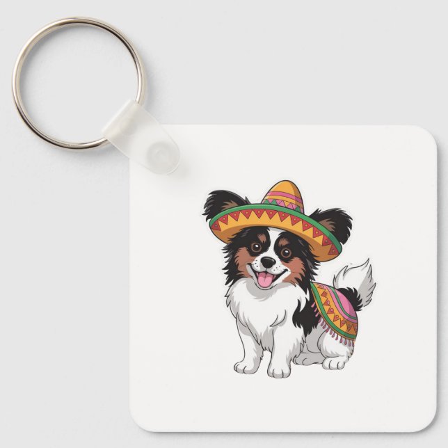 Chaveiro Fiesta Papillon Dog Vestindo Sombrero e Sarape (Frente)
