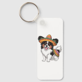 Chaveiro Fiesta Papillon Dog Vestindo Sombrero e Sarape